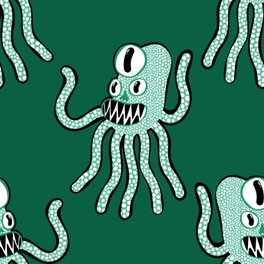 Çizgi film canavarları kağıt, kumaş, çarşaf, çocuk giysisi baskısı, yaz aksesuarları ve ergen tekstil ürünleri için kusursuz ahtapot deseni. Yüksek kaliteli illüstrasyon