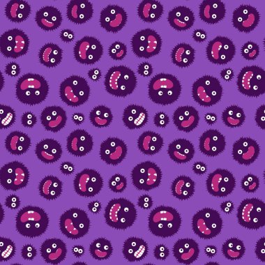 Çizgi film canavarları kağıt, kumaş, çarşaf, çocuk giysisi baskısı ve şenlikli ambalaj için kusursuz tüysüz uzaylı desenleri. Yüksek kaliteli illüstrasyon