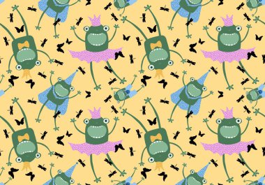 Yaz hayvanları, sarma kâğıdı, kumaş, çocuk giysisi baskısı, şenlikli aksesuarlar, doğum günü partisi ve Cadılar Bayramı paketleri için kusursuz kurbağa desenli prenses desenleri. Yüksek kaliteli illüstrasyon