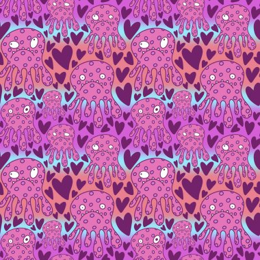 Sevgililer Günü 'nde kağıt, kumaş, çarşaf, çocuk giysisi baskısı, şenlikli aksesuarlar ve Şubat ambalajları için kusursuz ahtapot desenleri. Yüksek kaliteli illüstrasyon