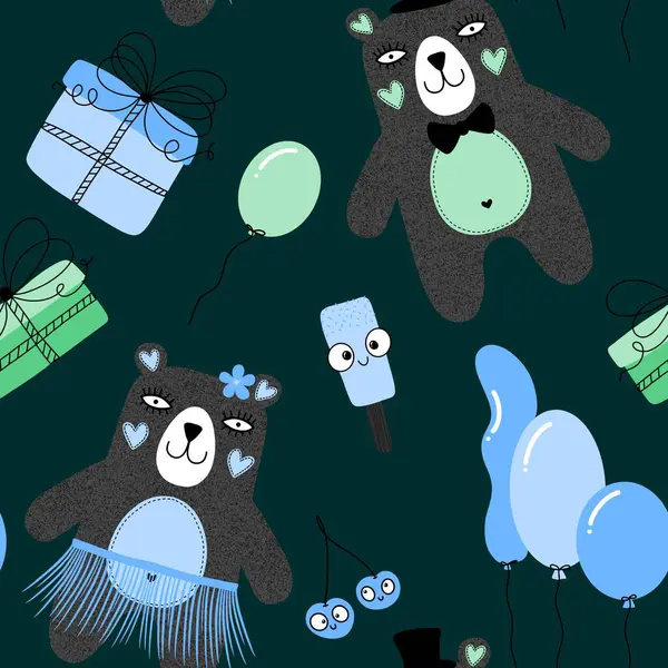Birthday party cartoon animals seamless bears and balloons and gift pattern for wrapping paper and fabrics and linens and kids clothes print and valentines accessories. High quality illustration