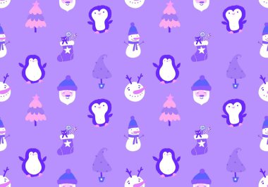 Noel karikatürü, Noel Baba, penguen ve kardan adam desenli ambalajlar, kumaşlar, çocuk giysileri baskısı, yeni yıl ambalajları ve kış aksesuarları. Yüksek kaliteli illüstrasyon