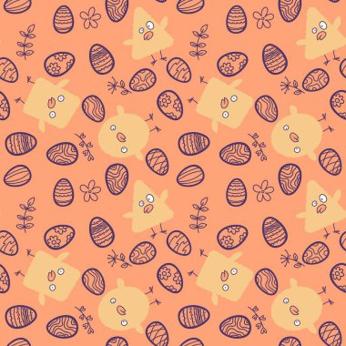 Paskalya yumurtaları ve tavuksuz bahar partisi desenli ambalaj kağıtları, kumaşlar, çarşaflar, çocuk kıyafetleri ve şenlik aksesuarları. Yüksek kaliteli illüstrasyon