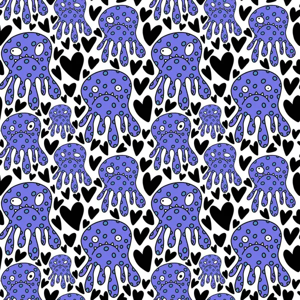 Valentines hearts seamless octopus monsters pattern for wrapping paper and fabrics and linens and kids clothes print and festive accessories and February packaging. High quality illustration