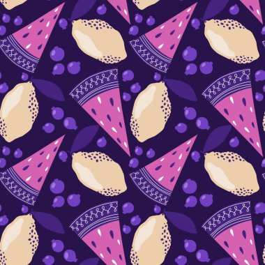 Yaz meyvesiz karpuz ve limon desenli ambalaj kağıdı, kumaş, çarşaf ve çocuk giysileri baskısı ve şenlikli paketleme ve parti aksesuarları. Yüksek kaliteli illüstrasyon