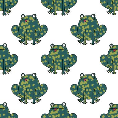 Çizgi film hayvanları, kağıt, kumaş, çarşaf, çocuk giysisi baskısı, yaz aksesuarları ve hayvanat bahçesi ambalajları için kusursuz kurbağa desenleri. Yüksek kaliteli illüstrasyon