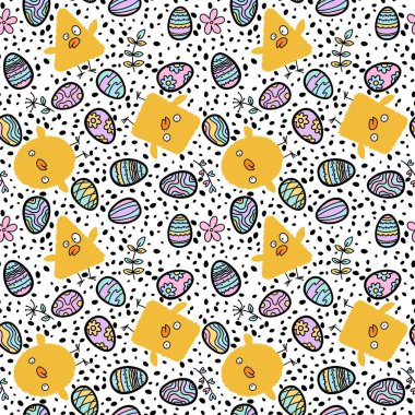 Paskalya yumurtaları ve tavuksuz bahar partisi desenli ambalaj kağıtları, kumaşlar, çarşaflar, çocuk kıyafetleri ve şenlik aksesuarları. Yüksek kaliteli illüstrasyon