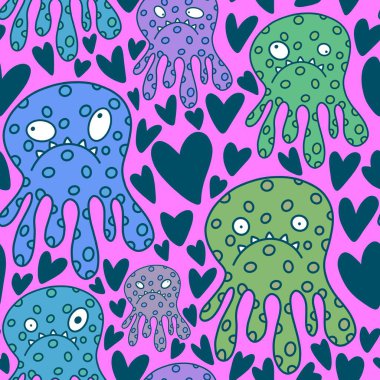 Sevgililer Günü 'nde kağıt, kumaş, çarşaf, çocuk giysisi baskısı, şenlikli aksesuarlar ve Şubat ambalajları için kusursuz ahtapot desenleri. Yüksek kaliteli illüstrasyon