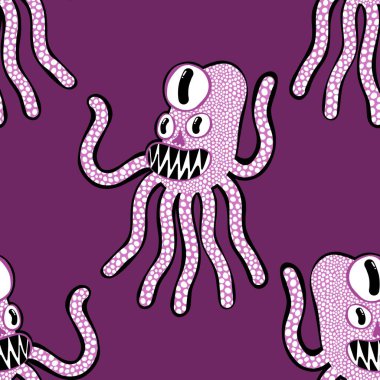 Çizgi film canavarları kağıt, kumaş, çarşaf, çocuk giysisi baskısı, yaz aksesuarları ve ergen tekstil ürünleri için kusursuz ahtapot deseni. Yüksek kaliteli illüstrasyon