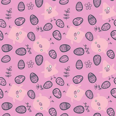 Paskalya yumurtaları ve tavuksuz bahar partisi desenli ambalaj kağıtları, kumaşlar, çarşaflar, çocuk kıyafetleri ve şenlik aksesuarları. Yüksek kaliteli illüstrasyon