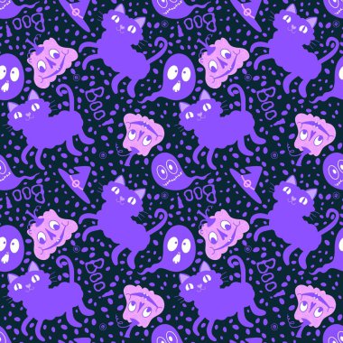 Cadılar Bayramı çizgi filmlerindeki kusursuz kediler, balkabakları ve hayalet desenli ambalaj kağıtları, kumaşlar ve çocuk giysileri baskısı ve sonbahar aksesuarları ve şenlikli ambalajlar. Yüksek kaliteli illüstrasyon