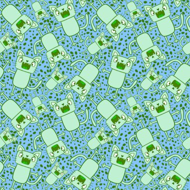 Çizgi film gerici hayvanlar kağıt, kumaş, çarşaf, çocuk giysisi baskısı, parti aksesuarları ve paketleme için kusursuz kedi desenleri. Yüksek kaliteli illüstrasyon