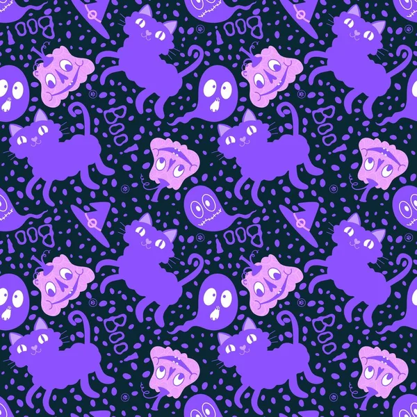 Cadılar Bayramı çizgi filmlerindeki kusursuz kediler, balkabakları ve hayalet desenli ambalaj kağıtları, kumaşlar ve çocuk giysileri baskısı ve sonbahar aksesuarları ve şenlikli ambalajlar. Yüksek kaliteli illüstrasyon