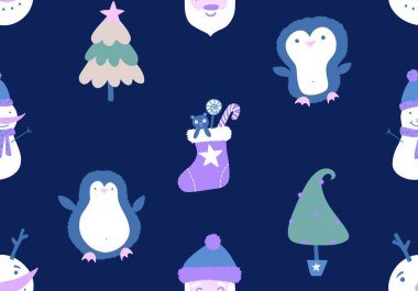 Noel karikatürü, Noel Baba, penguen ve kardan adam desenli ambalajlar, kumaşlar, çocuk giysileri baskısı, yeni yıl ambalajları ve kış aksesuarları. Yüksek kaliteli illüstrasyon