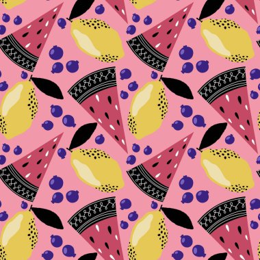 Yaz meyvesiz karpuz ve limon desenli ambalaj kağıdı, kumaş, çarşaf ve çocuk giysileri baskısı ve şenlikli paketleme ve parti aksesuarları. Yüksek kaliteli illüstrasyon