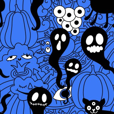 Çizgi filmlerdeki gibi kusursuz cadılar bayramı balkabakları, kedi ve canavar desenleri kağıt, kumaş, çarşaf ve çocuk aksesuarları ve moda tekstili. Yüksek kaliteli illüstrasyon