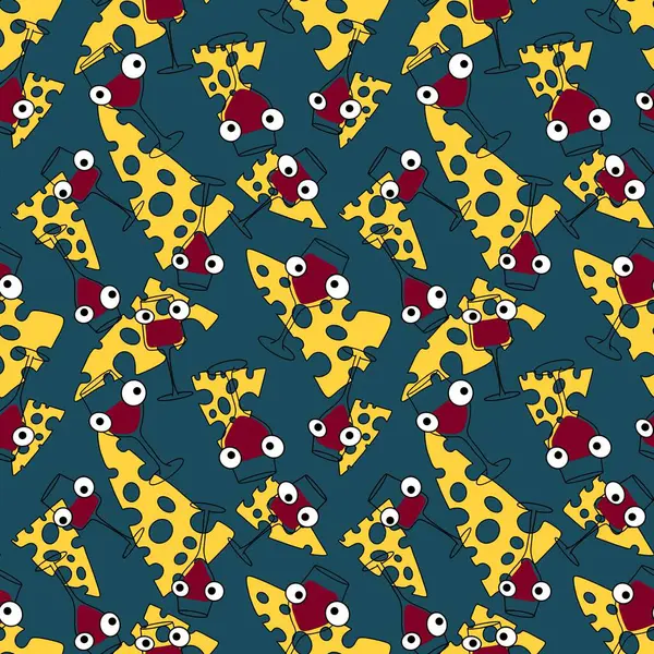 Cartoon doodle seamless glasses of wine and cheese pattern for wrapping paper and fabrics and linens and fashion textiles and party accessories and festive packaging. High quality illustration