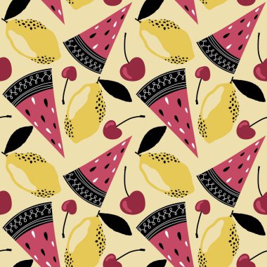 Yaz meyvesiz karpuz ve limon desenli ambalaj kağıdı, kumaş, çarşaf ve çocuk giysileri baskısı ve şenlikli paketleme ve parti aksesuarları. Yüksek kaliteli illüstrasyon