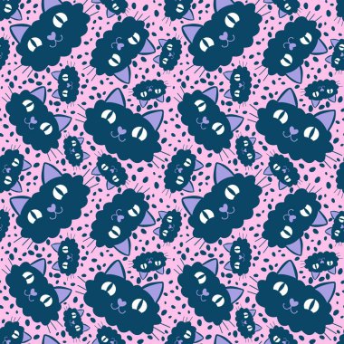 Cadılar Bayramı çizgi filmlerindeki kusursuz kedi desenleri kağıt, kumaş, çarşaf, çocuk giysisi baskısı, sonbahar aksesuarları ve şenlikli ambalajlar için. Yüksek kaliteli illüstrasyon