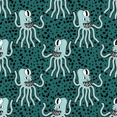 Çizgi film canavarları kağıt, kumaş, çarşaf, çocuk giysisi baskısı, yaz aksesuarları ve ergen tekstil ürünleri için kusursuz ahtapot deseni. Yüksek kaliteli illüstrasyon