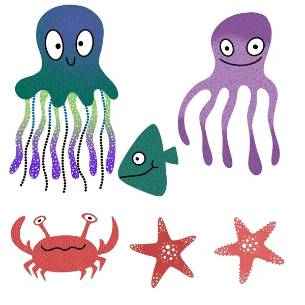 Ocean animals set jellyfish and crabs and starfish and fish and octopus pattern for wrapping paper and fabrics and kids clothes print and summer packaging. High quality illustration