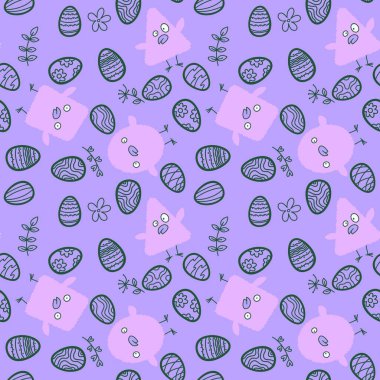 Paskalya yumurtaları ve tavuksuz bahar partisi desenli ambalaj kağıtları, kumaşlar, çarşaflar, çocuk kıyafetleri ve şenlik aksesuarları. Yüksek kaliteli illüstrasyon