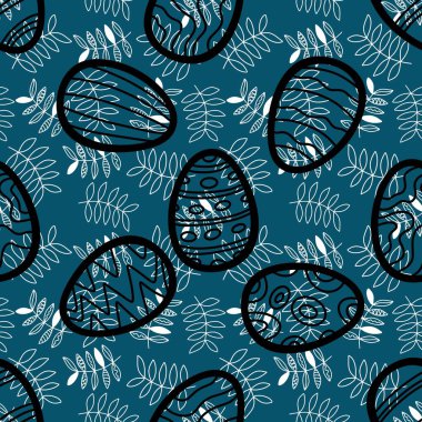 Paskalya yumurtaları kağıt, kumaş, çarşaf ve çocuk giysileri baskısı, şenlikli ambalajlar, bahar aksesuarları ve parti tekstili için dikişsiz çiçek yaprakları deseni. Yüksek kaliteli illüstrasyon