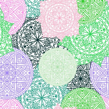 Kağıt, kumaş, çarşaf ve çocuk giysisi baskısı, şenlik ambalajı ve moda tekstili için mandala kusursuz desen. Yüksek kaliteli illüstrasyon