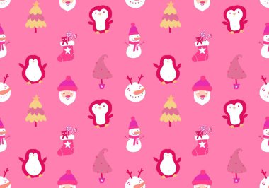 Noel karikatürü, Noel Baba, penguen ve kardan adam desenli ambalajlar, kumaşlar, çocuk giysileri baskısı, yeni yıl ambalajları ve kış aksesuarları. Yüksek kaliteli illüstrasyon