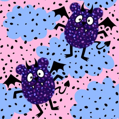 Cadılar Bayramı çizgi filmlerinde yarasa desenleri ambalaj kağıtları ve kumaşlar ve çocuk kıyafetleri baskısı ve şenlik ambalajı ve moda tekstil ve aksesuarları. Yüksek kaliteli illüstrasyon