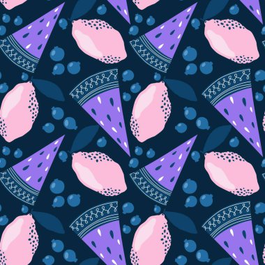 Yaz meyvesiz karpuz ve limon desenli ambalaj kağıdı, kumaş, çarşaf ve çocuk giysileri baskısı ve şenlikli paketleme ve parti aksesuarları. Yüksek kaliteli illüstrasyon