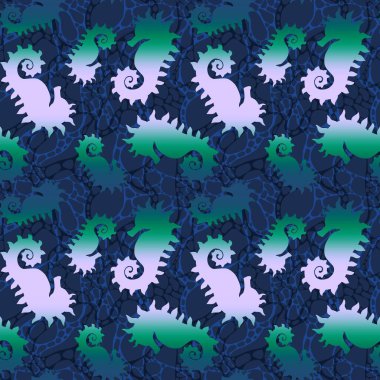 Yaz hayvanları kumaşlar ve ambalaj kağıtları için kusursuz denizatı deseni ve çocuk kıyafetleri baskısı ve şenlikli ambalaj ve mayo tekstili ve mesleki aksesuarlar. Yüksek kaliteli illüstrasyon