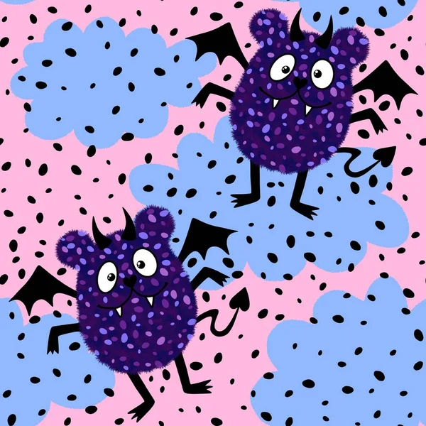 Cadılar Bayramı çizgi filmlerinde yarasa desenleri ambalaj kağıtları ve kumaşlar ve çocuk kıyafetleri baskısı ve şenlik ambalajı ve moda tekstil ve aksesuarları. Yüksek kaliteli illüstrasyon