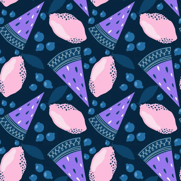 Yaz meyvesiz karpuz ve limon desenli ambalaj kağıdı, kumaş, çarşaf ve çocuk giysileri baskısı ve şenlikli paketleme ve parti aksesuarları. Yüksek kaliteli illüstrasyon