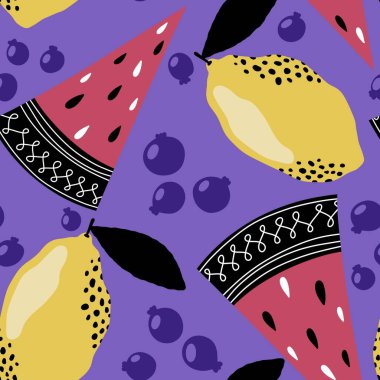 Yaz meyvesiz karpuz ve limon desenli ambalaj kağıdı, kumaş, çarşaf ve çocuk giysileri baskısı ve şenlikli paketleme ve parti aksesuarları. Yüksek kaliteli illüstrasyon