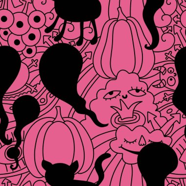 Çizgi filmlerdeki gibi kusursuz cadılar bayramı balkabakları, kedi ve canavar desenleri kağıt, kumaş, çarşaf ve çocuk aksesuarları ve moda tekstili. Yüksek kaliteli illüstrasyon