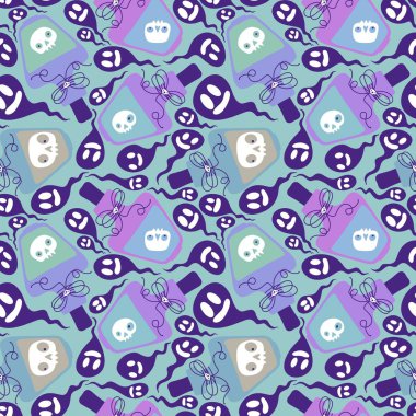 Çizgi film zehirli şişe kusursuz cadılar bayramı büyülü aksesuarları kağıt, kumaş, çocuk baskısı, şenlik ambalajı ve sonbahar tekstil ürünleri. Yüksek kaliteli illüstrasyon