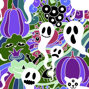 Çizgi filmlerdeki gibi kusursuz cadılar bayramı balkabakları, kedi ve canavar desenleri kağıt, kumaş, çarşaf ve çocuk aksesuarları ve moda tekstili. Yüksek kaliteli illüstrasyon