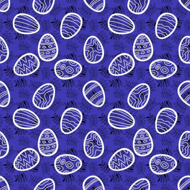 Paskalya yumurtaları kağıt, kumaş, çarşaf ve çocuk giysileri baskısı, şenlikli ambalajlar, bahar aksesuarları ve parti tekstili için dikişsiz çiçek yaprakları deseni. Yüksek kaliteli illüstrasyon