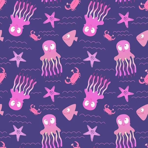 Ocean animals seamless jellyfish and crabs and starfish and fish and octopus pattern for wrapping paper and fabrics and kids clothes print and summer packaging. High quality illustration