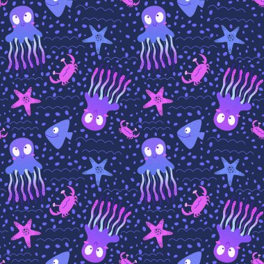 Okyanus hayvanları, dikişsiz denizanaları, yengeçler, denizyıldızı, yıldız ve ahtapot desenli ambalajlar, kumaşlar, çocuk giysileri baskıları ve yaz ambalajları. Yüksek kaliteli illüstrasyon