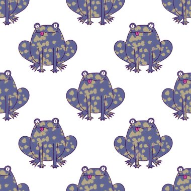 Çizgi film hayvanları, kağıt, kumaş, çarşaf, çocuk giysisi baskısı, yaz aksesuarları ve hayvanat bahçesi ambalajları için kusursuz kurbağa desenleri. Yüksek kaliteli illüstrasyon