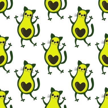 Avokato dikişsiz kedi ve avakado deseni kağıt, kumaş, çarşaf ve çocuk kıyafetleri ve yaz baskısı ve festival aksesuarları ve parti ambalajları için. Yüksek kaliteli illüstrasyon