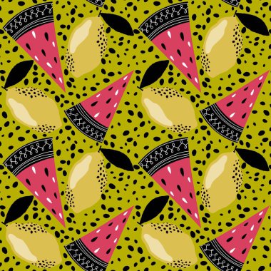 Yaz meyvesiz karpuz ve limon desenli ambalaj kağıdı, kumaş, çarşaf ve çocuk giysileri baskısı ve şenlikli paketleme ve parti aksesuarları. Yüksek kaliteli illüstrasyon