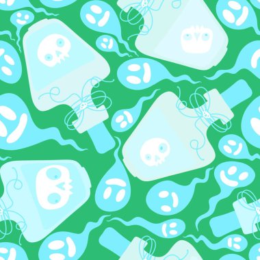 Çizgi film zehirli şişe kusursuz cadılar bayramı büyülü aksesuarları kağıt, kumaş, çocuk baskısı, şenlik ambalajı ve sonbahar tekstil ürünleri. Yüksek kaliteli illüstrasyon