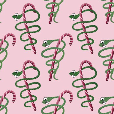 Noel hayvanları kusursuz yılan ve nane şekeri desenli ambalaj kağıtları, kumaşlar ve yeni 2025 yıllık ambalajlar ve çocuk giysileri baskısı ve parti tekstili. Yüksek kaliteli illüstrasyon