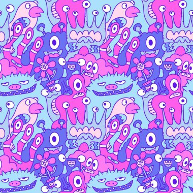 Çizgi film canavarları, kusursuz komik uzaylılar, tavşan, kaktüs ve çiçek desenleri. Kağıt, çarşaf, kumaş, çocuk giysisi baskısı ve şenlikli ambalaj için. Yüksek kaliteli illüstrasyon