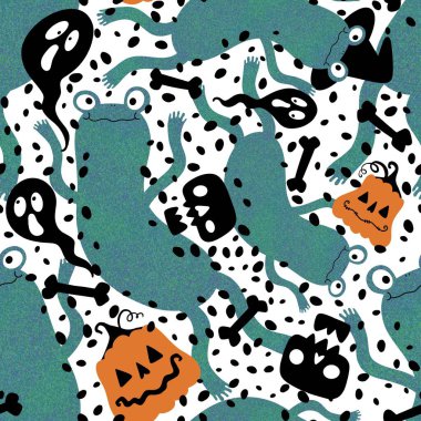 Cadılar Bayramı hayvanlarının dikişsiz kurbağaları, balkabakları, hayaletleri ve kafatası desenleri kağıt, kumaş, çocuk baskısı, şenlikli ambalajlar ve parti sonbahar aksesuarları. Yüksek kaliteli illüstrasyon