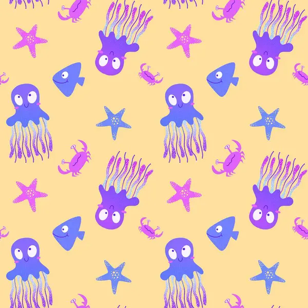 Ocean animals seamless jellyfish and crabs and starfish and fish and octopus pattern for wrapping paper and fabrics and kids clothes print and summer packaging. High quality illustration