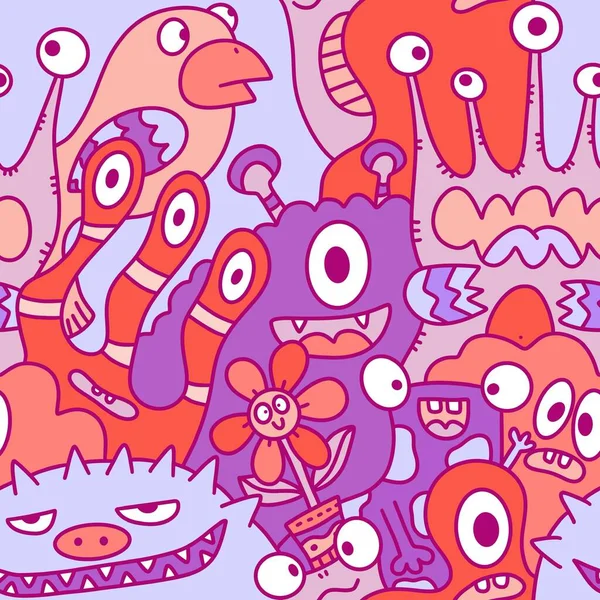 Çizgi film canavarları, kusursuz komik uzaylılar, tavşan, kaktüs ve çiçek desenleri. Kağıt, çarşaf, kumaş, çocuk giysisi baskısı ve şenlikli ambalaj için. Yüksek kaliteli illüstrasyon